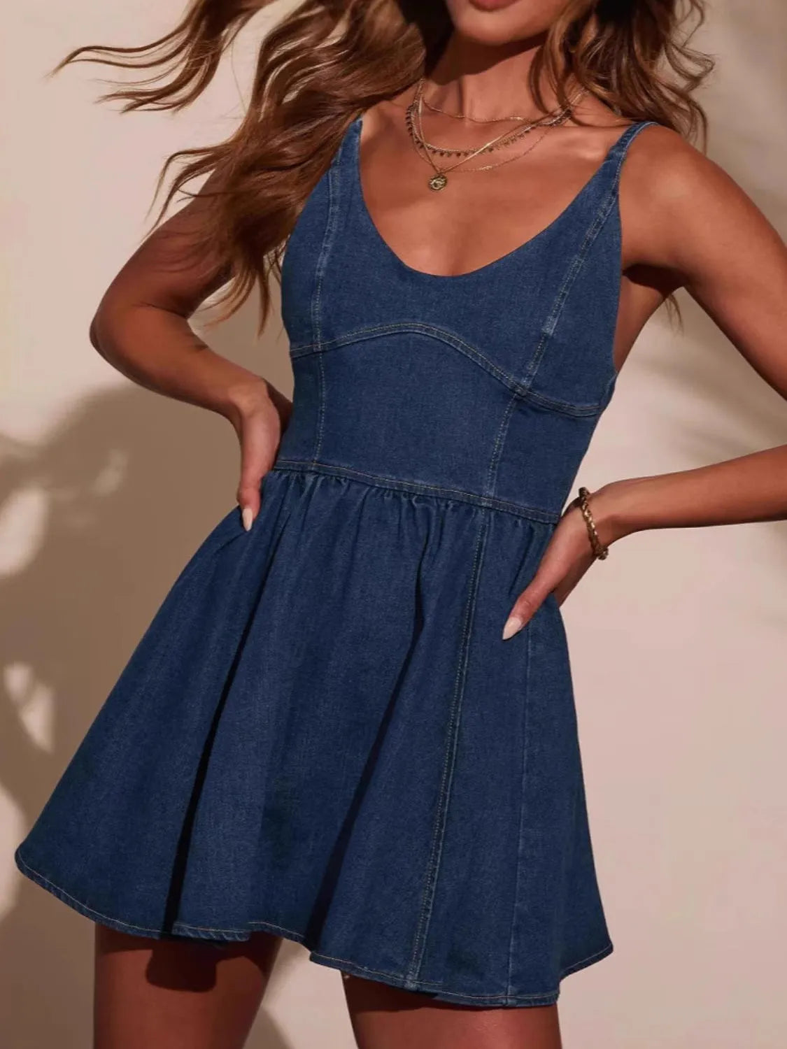 NEWYORKLISTED STYLE COLLECTION: Smocked Back Adjustable Strap Denim Mini Dress