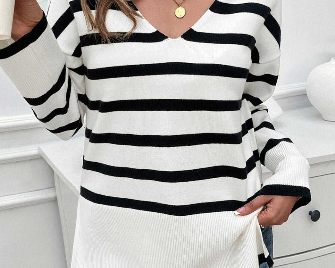 NYLD Striped V-Neck Long Sleeve Knit Top - NEWYORKLISTED