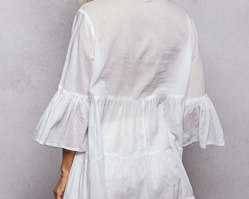 NEWYORKLISTED STYLE COLLECTION: Woman wearing a white dress with ruffled sleeves against a gray background