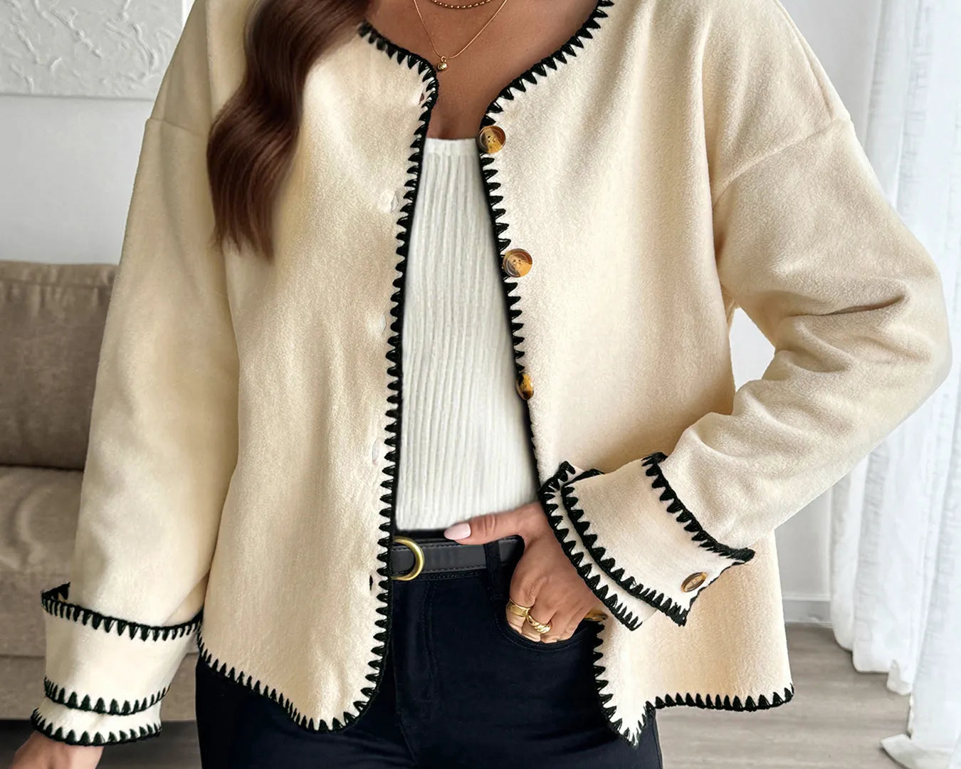 NEWYORKLISTED STYLE COLLECTION: Contrast Trim Button Up Jacket