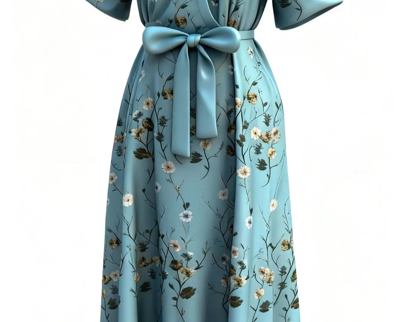 NEWYORKLISTED STYLE COLLECTION: Light blue floral dress with a bow on a white background