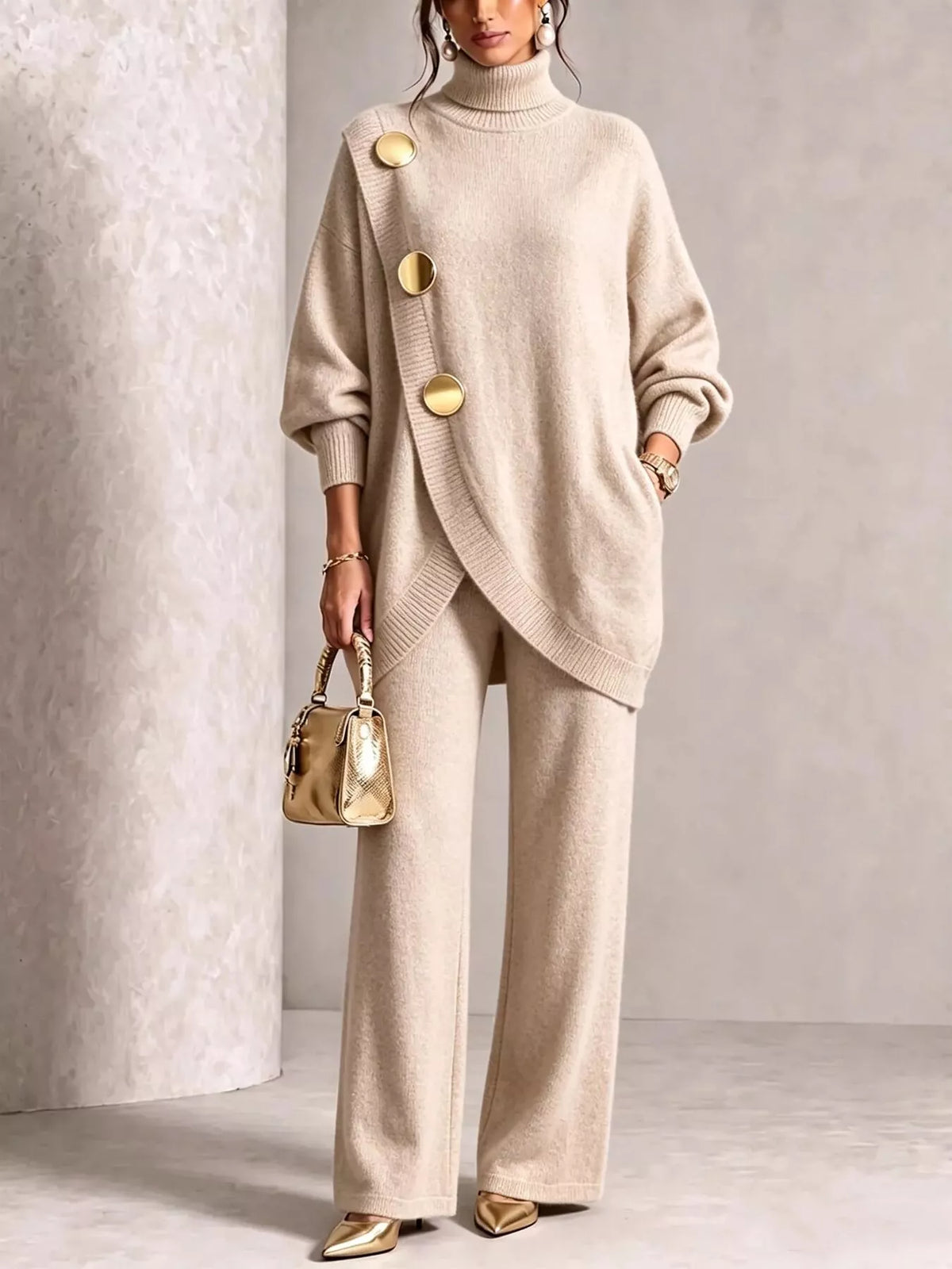 NEWYORKLISTED STYLE COLLECTION: A woman models a beige knit turtleneck sweater and matching wide-leg trousers set, styled with gold-tone accessories including a metallic handbag and pointed shoes.