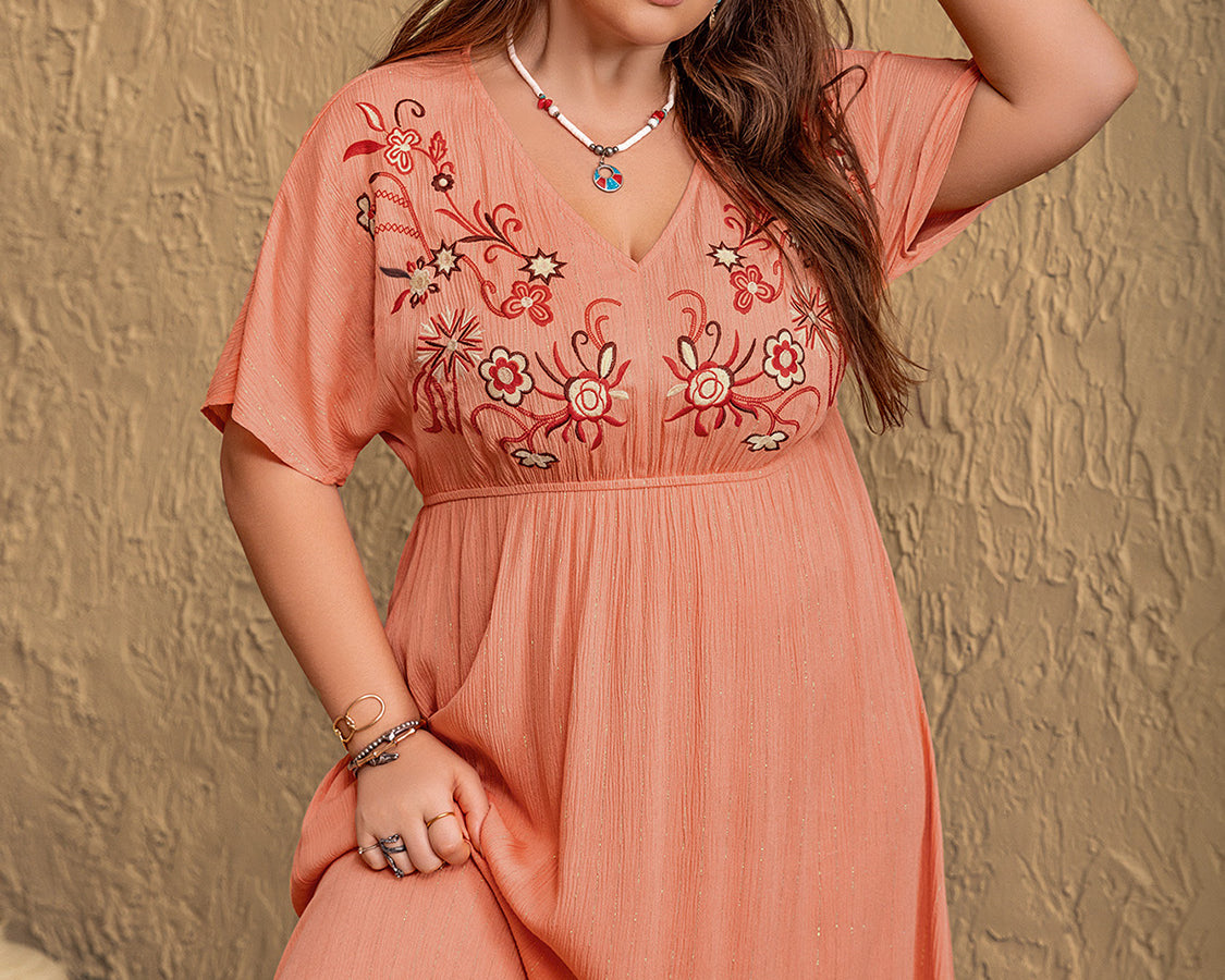 NEWYORKLISTED STYLE COLLECTION: Plus Size Embroidered Half Sleeve Maxi Dress - NEWYORKLISTED