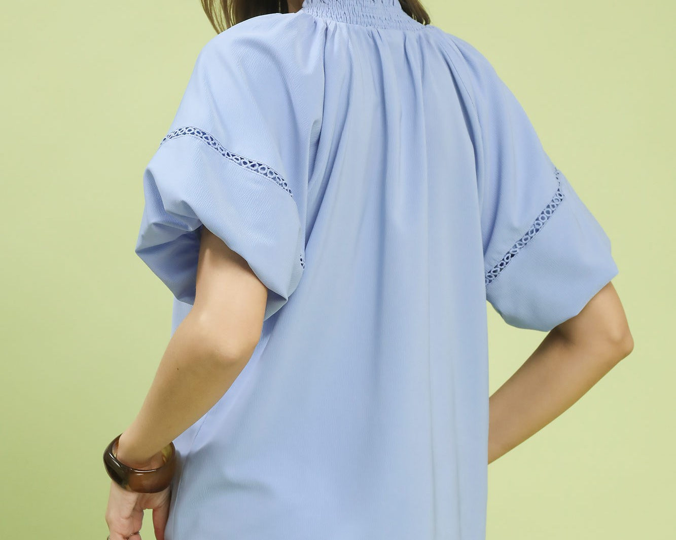 NEWYORKLISTED STYLE COLLECTION: Woman wearing a light blue blouse with embroidery on a light green background