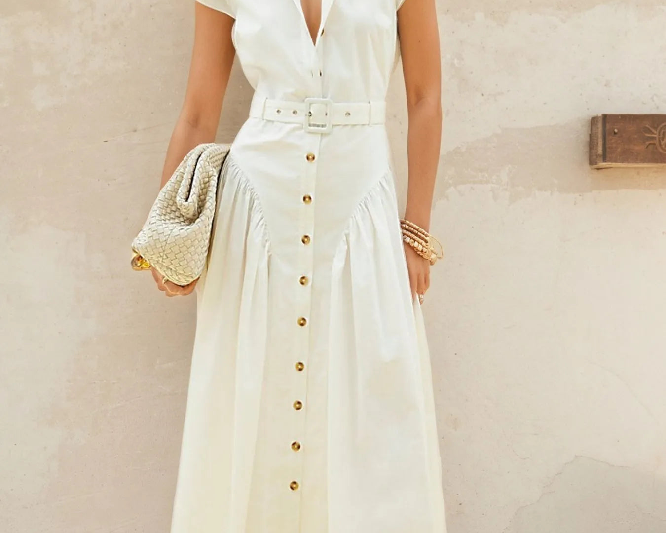 Button-front cap sleeve midi shirt dress with belted waist — NEWYORKLISTED STYLE COLLECTION.