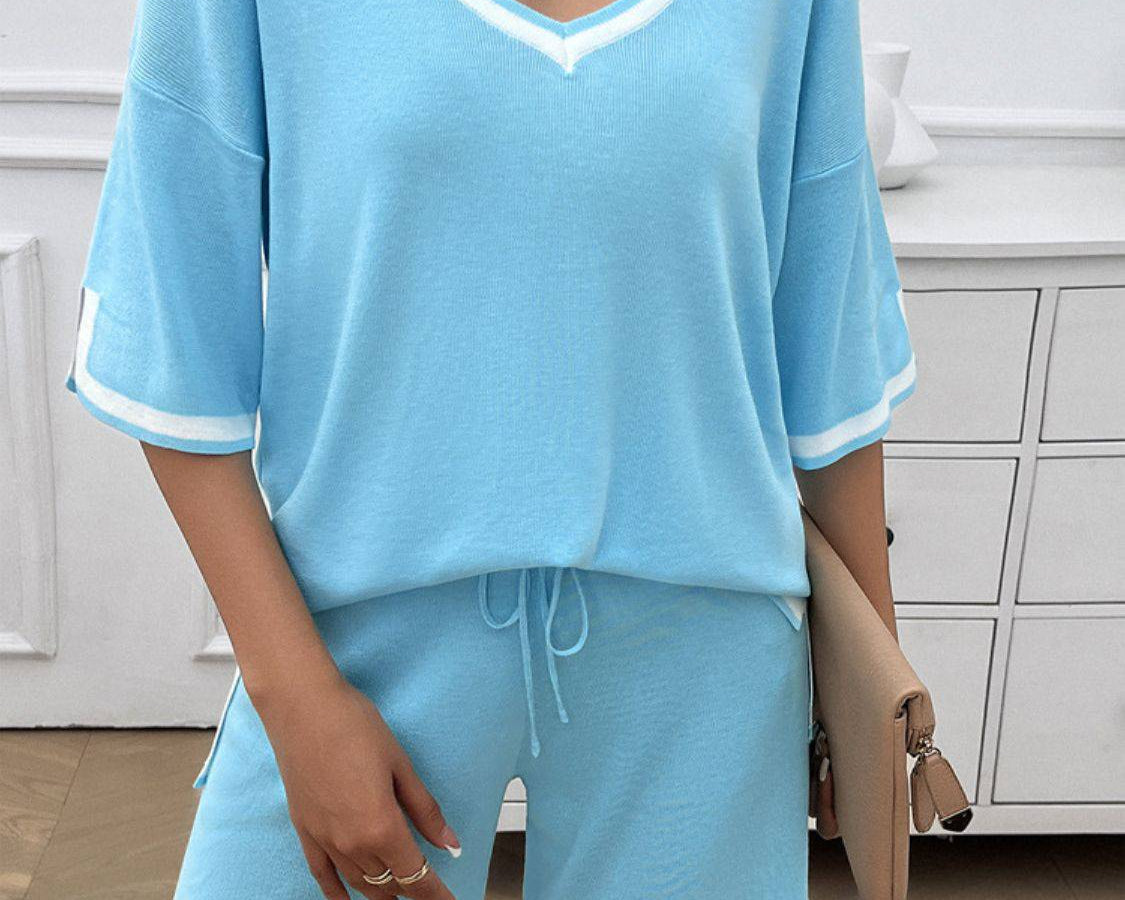 NYLD: Contrast Trim V-Neck Top and Shorts Set - NEWYORKLISTED