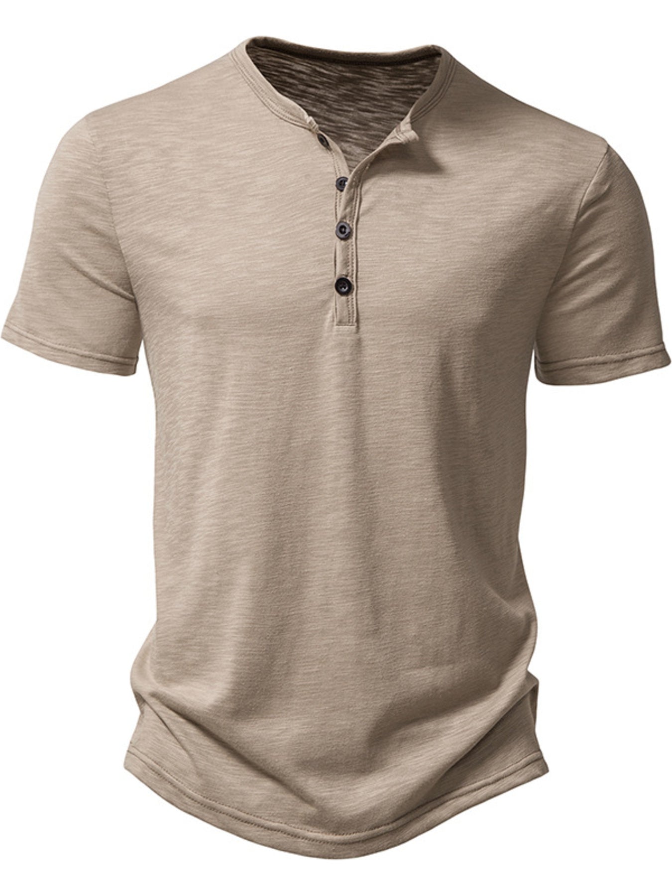 NEWYORKLISTED ATLAS MEN'S COLLECTION: Beige short-sleeve henley shirt on a white background