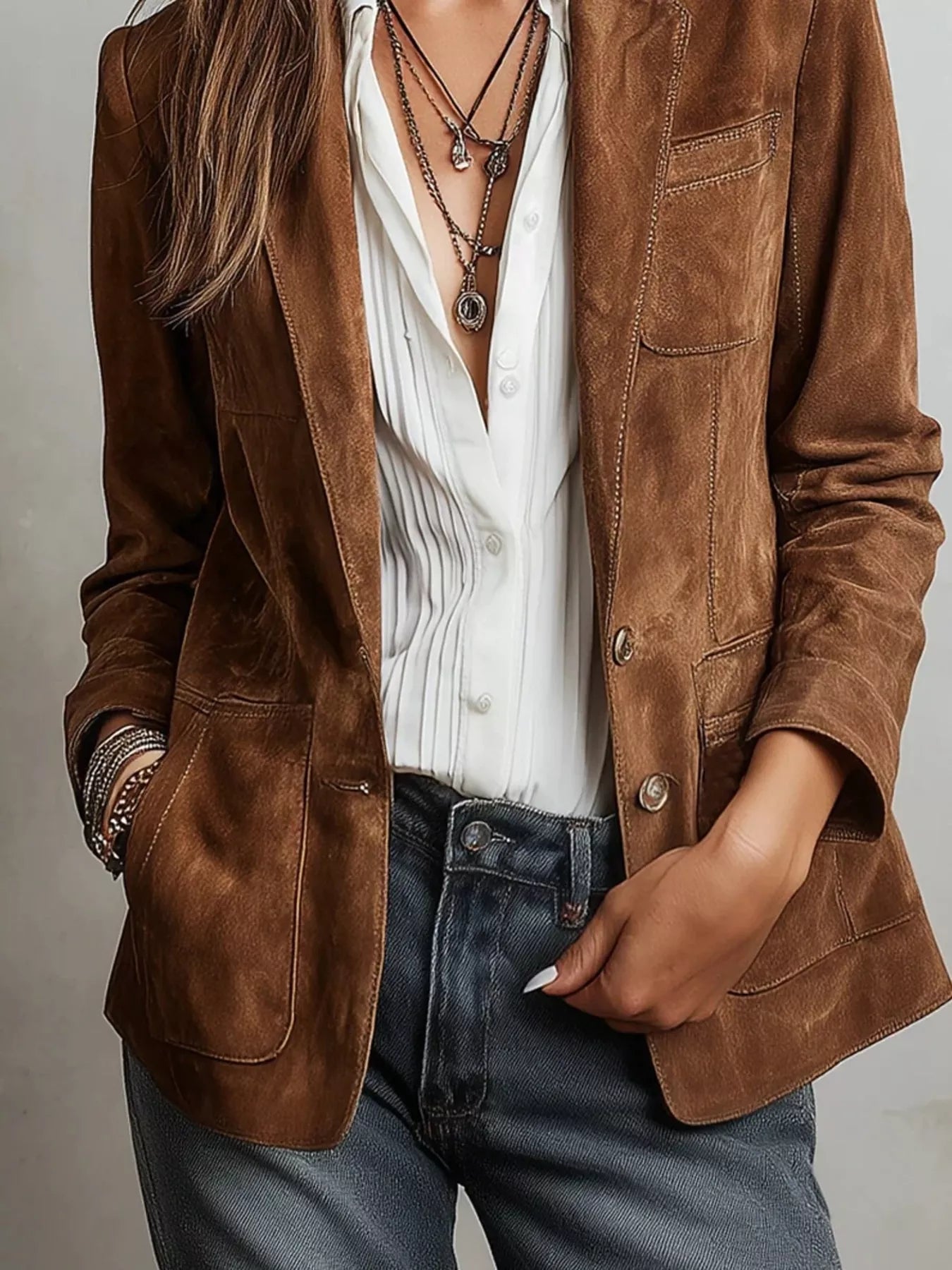 NEWYORKLISTED STYLE COLLECTION: Person wearing a brown suede jacket over a white shirt and blue jeans on a neutral background