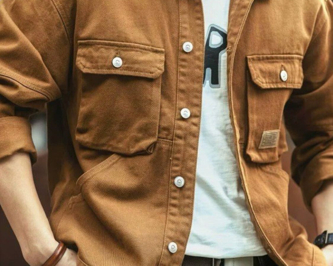 NEWYORKLISTED ATLAS MEN'S COLLECTION: Men's Washed Collared Neck Cargo Jacket in Camel