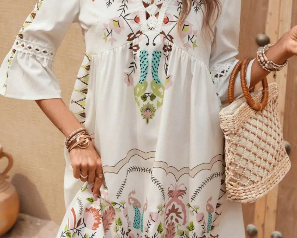 NEWYORKLISTED STYLE COLLECTION: Boho Lace Trim Printed Dress with Three-Quarter Sleeves – Lightweight & Effortlessly Chic