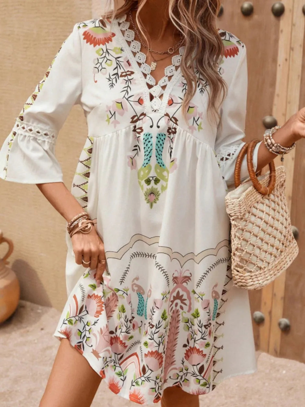 NEWYORKLISTED STYLE COLLECTION: Boho Lace Trim Printed Dress with Three-Quarter Sleeves – Lightweight & Effortlessly Chic