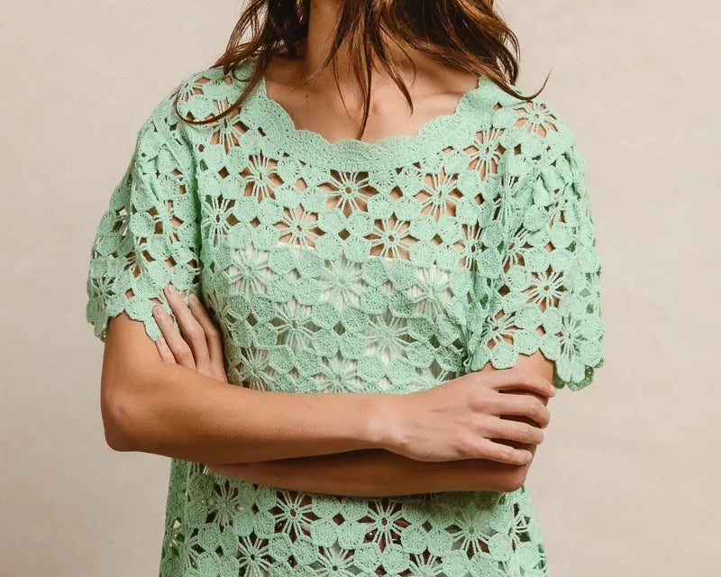 NEWYORKLISTED openwork crochet knit short sleeve top with lace eyelet detail – bohemian and stylish