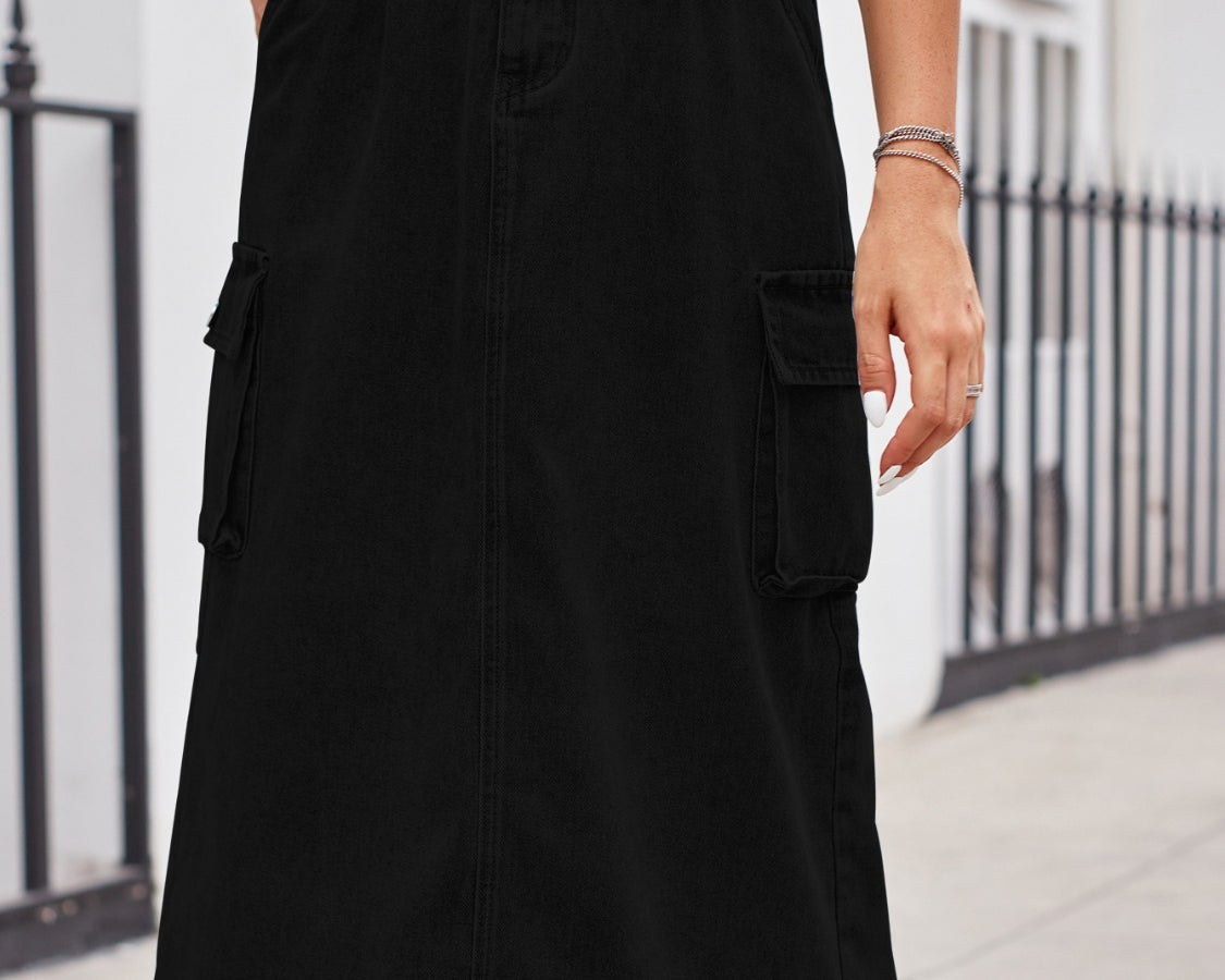 Slit Buttoned Denim Skirt with Pockets - NEWYORKLISTED