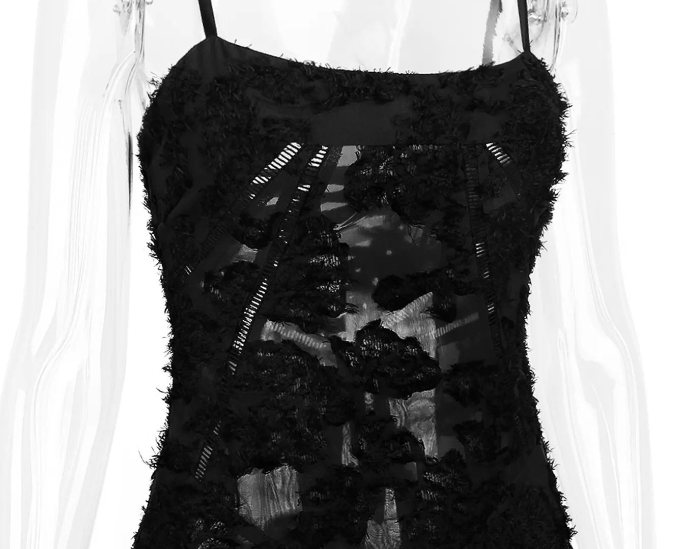NEWYORKLISTED STYLE COLLECTION: Black lace dress on a mannequin against a white background