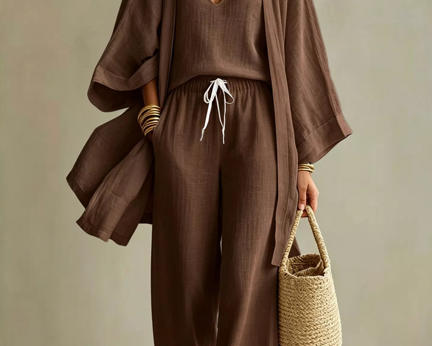 NEWYORKLISTED STYLE COLLECTION: Woman wearing a brown outfit with a beige background