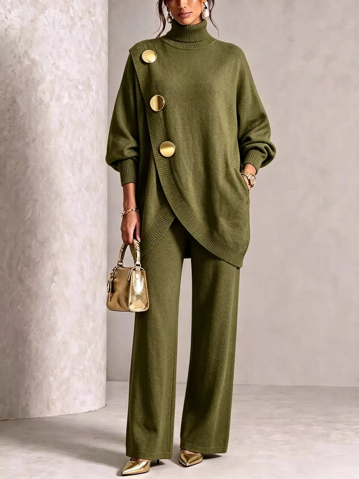 NEWYORKLISTED STYLE COLLECTION: A model wearing an olive green knit turtleneck sweater and matching wide-leg trousers, styled with gold-tone accessories including a metallic handbag and pointed shoes.