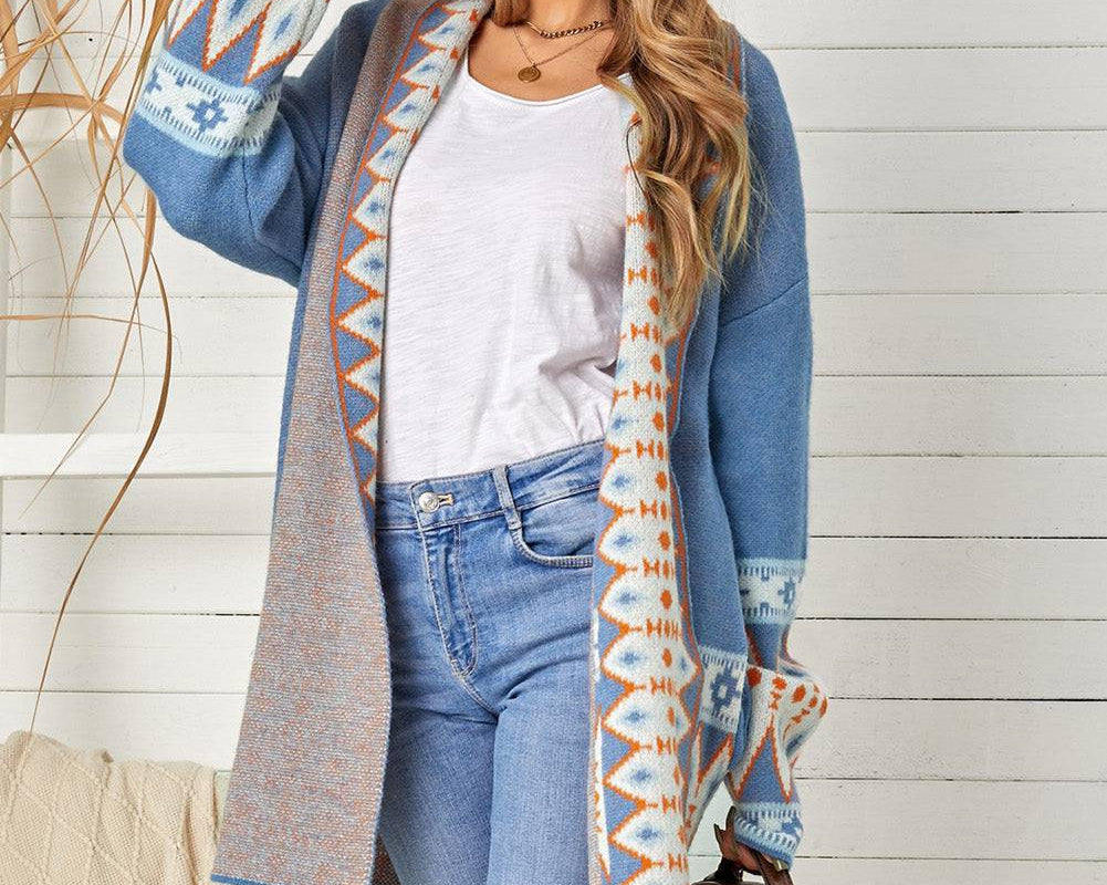 Geometric Open Front Long Sleeve Cardigan - NEWYORKLISTED