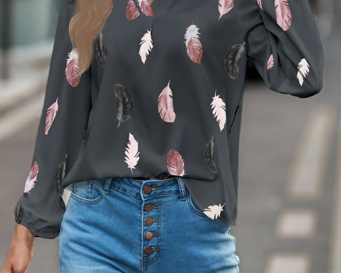NEWYORKLISTED STYLE COLLECTION: Feather Print Balloon Sleeve Top - NEWYORKLISTED