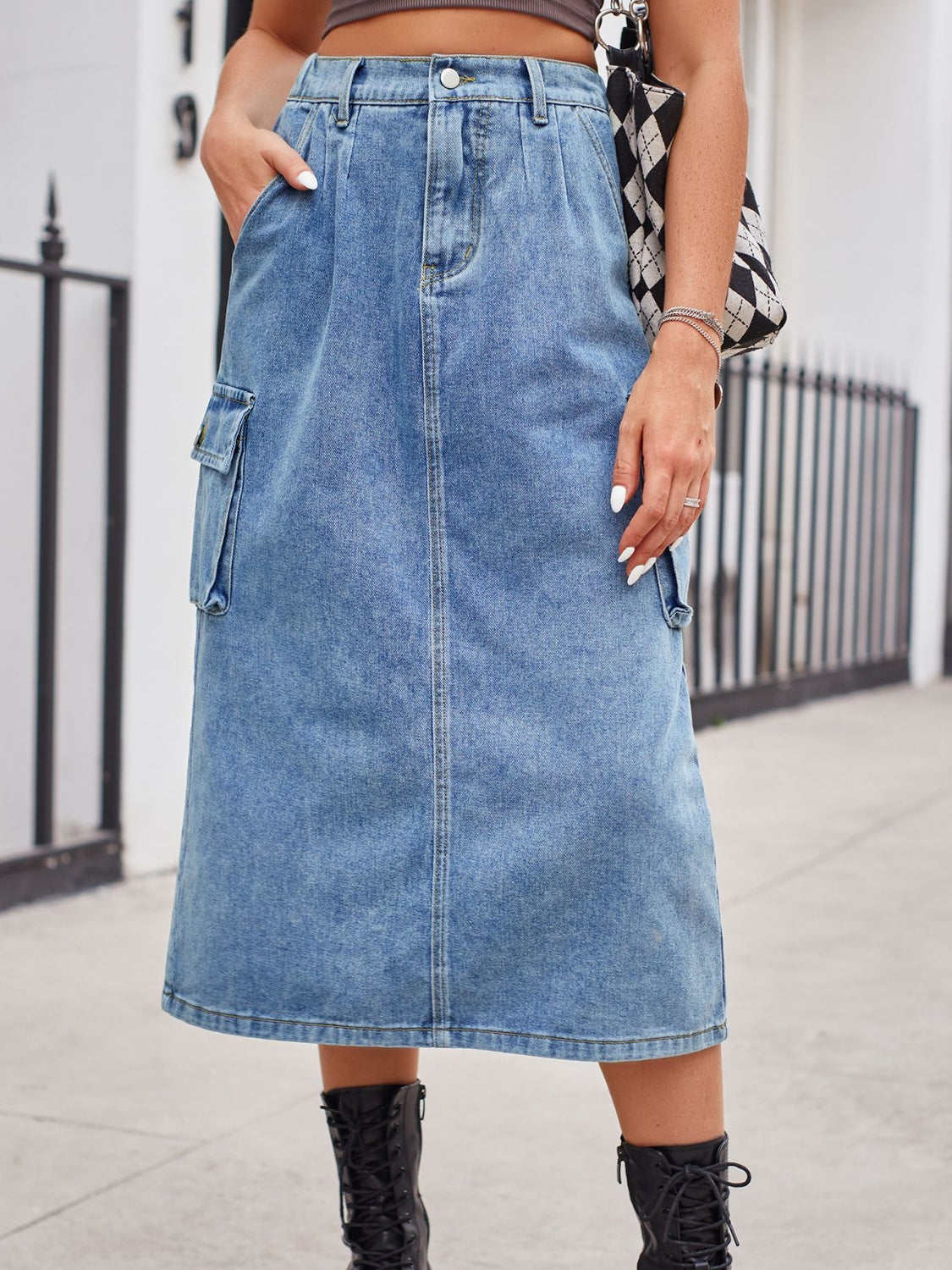 Slit Buttoned Denim Skirt with Pockets - NEWYORKLISTED