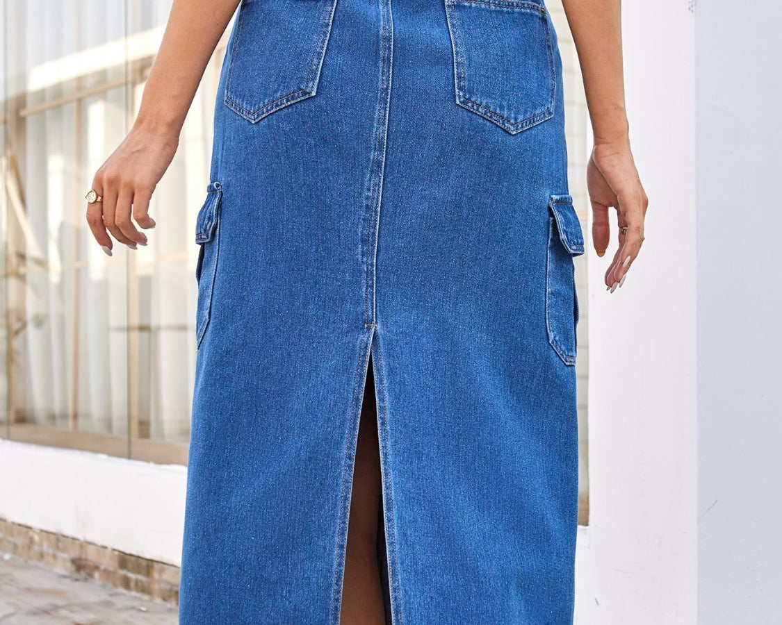 Slit Midi Denim Skirt with Pockets - NEWYORKLISTED
