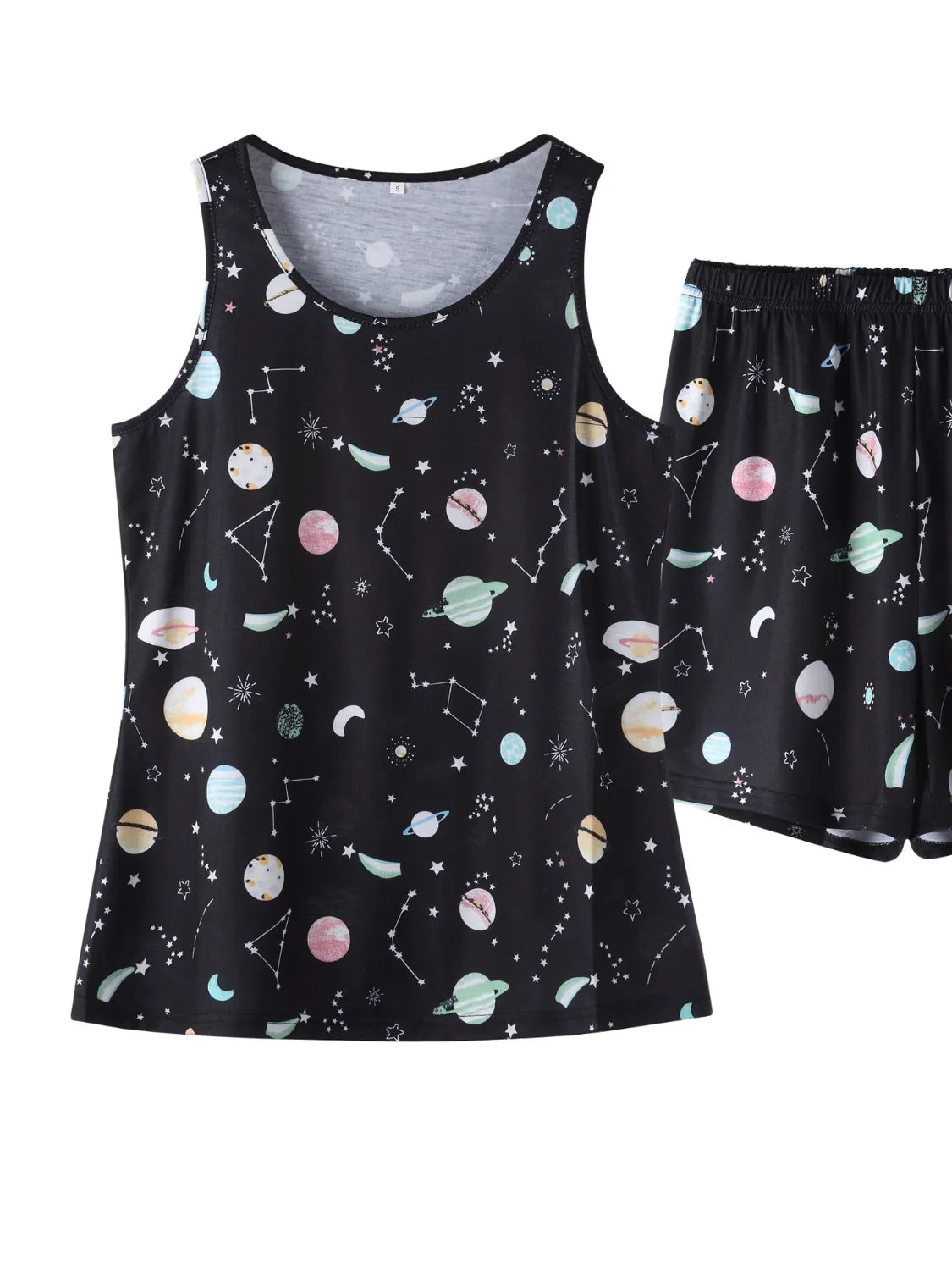 NEWYORKLISTED Intimate Apparel: Black tank top and shorts set with space-themed print on a white background
