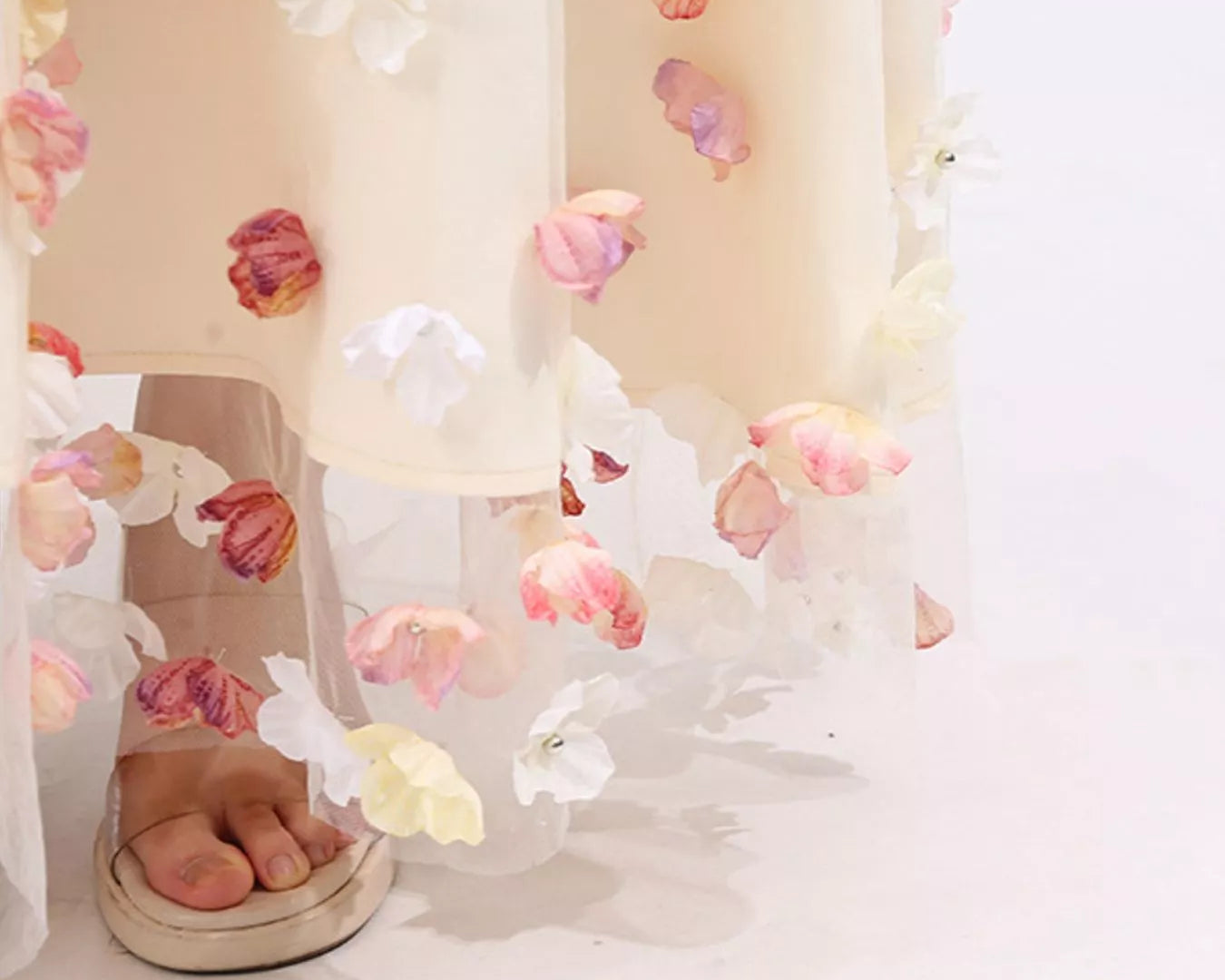 NEWYORKLISTED STYLE COLLECTION: Floral-patterned sheer fabric with a sandal on a white background