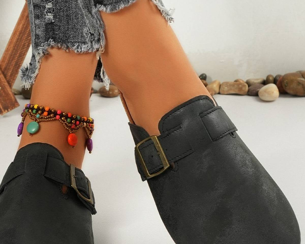 Round Toe Buckle Slip-Ons - NEWYORKLISTED