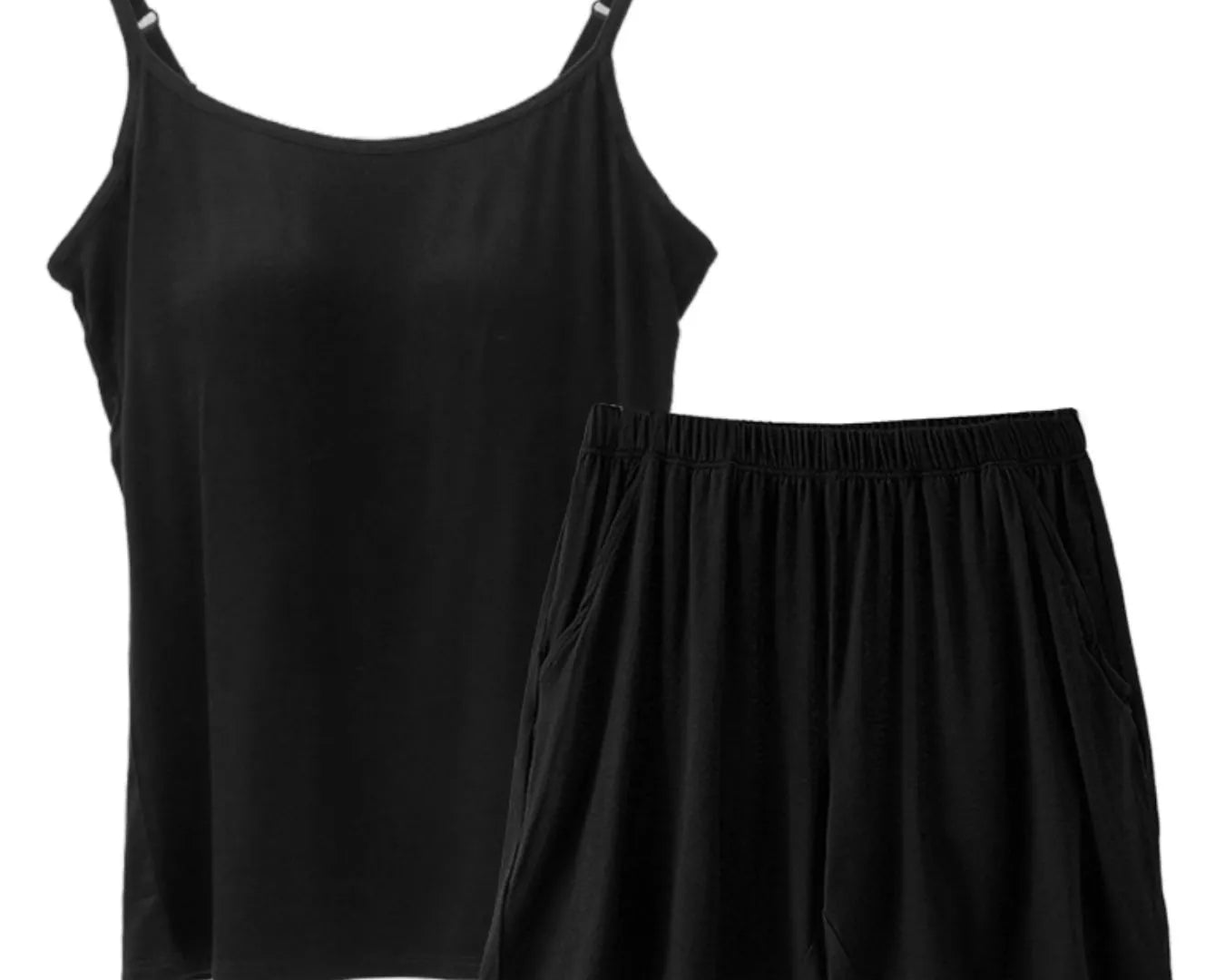NEWYORKLISTED Intimate Apparel Collection: Black camisole and shorts set on a white background