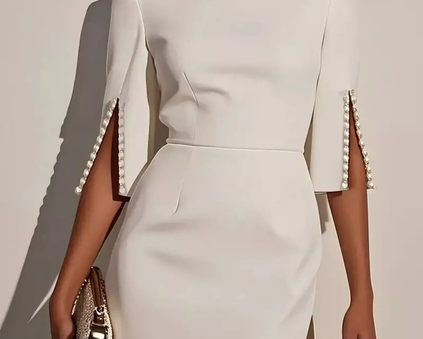 NEWYORKLISTED STYLE COLLECTION: White dress with pearl embellishments on sleeves against a neutral background