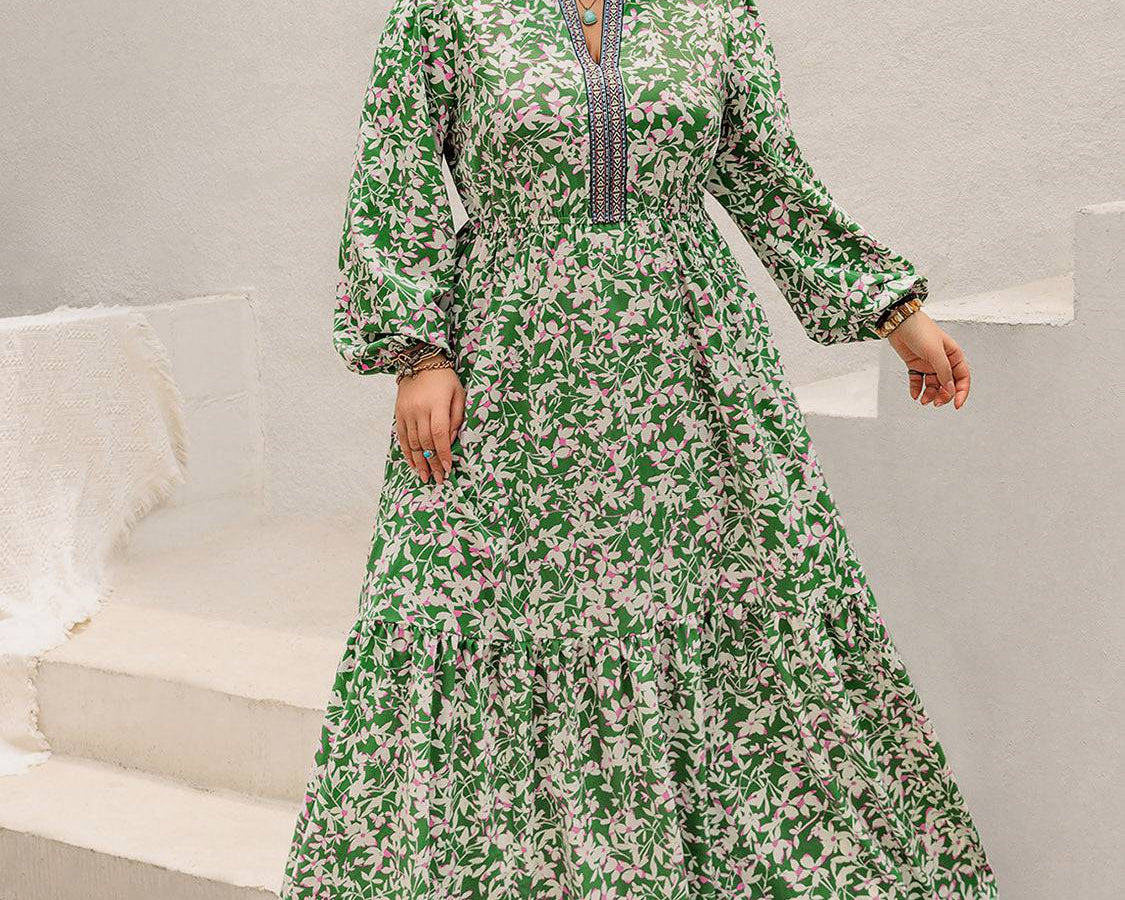 Plus Size Printed Notched Long Sleeve Maxi Dress - NEWYORKLISTED