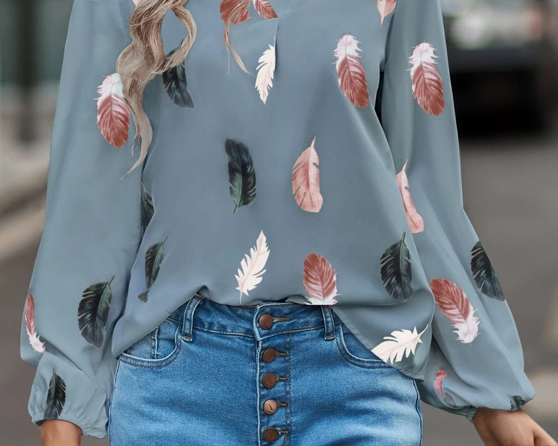 NEWYORKLISTED STYLE COLLECTION: Feather Print Balloon Sleeve Top - NEWYORKLISTED