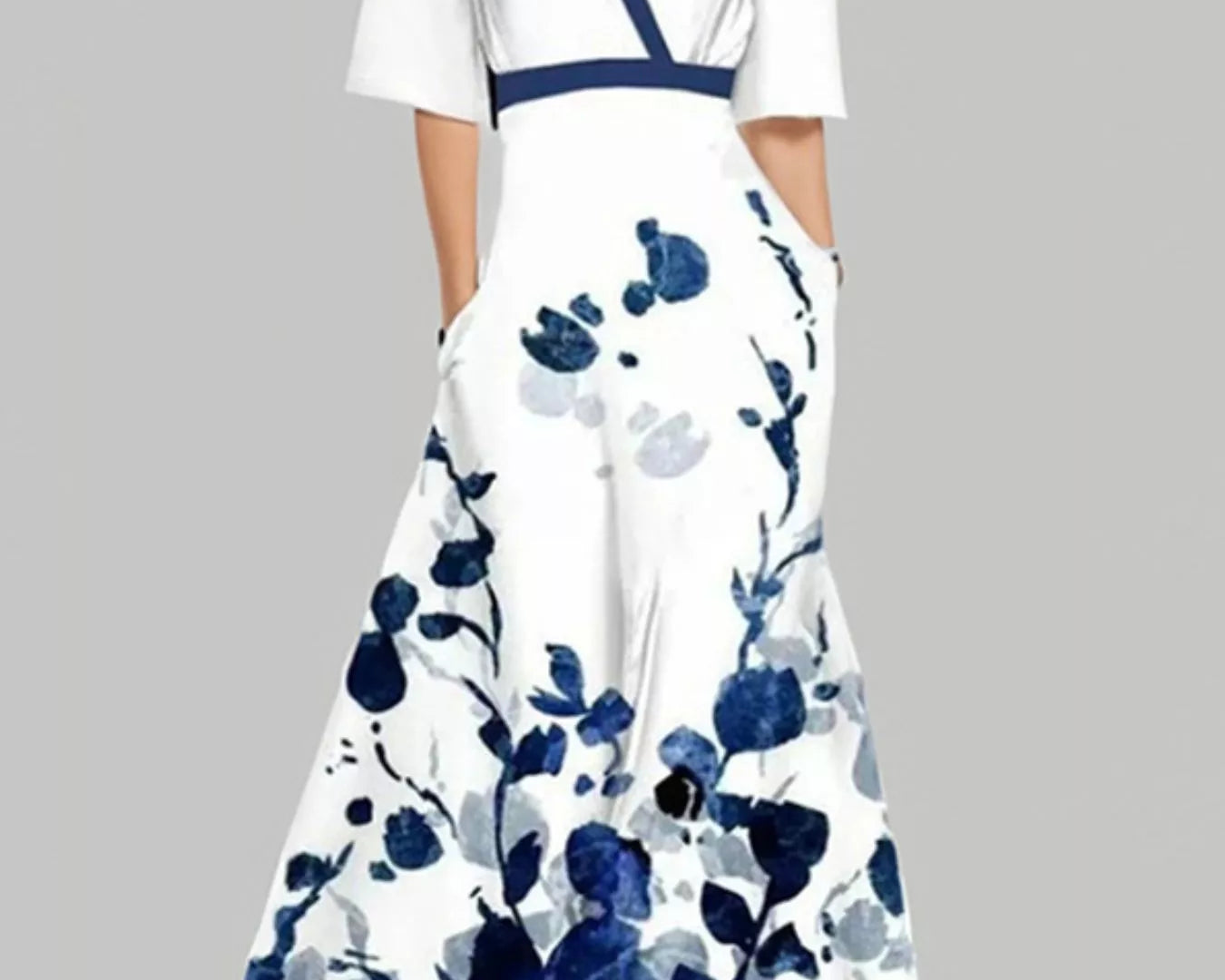 NEWYORKLISTED STYLE COLLECTION: White dress with blue floral pattern on a gray background