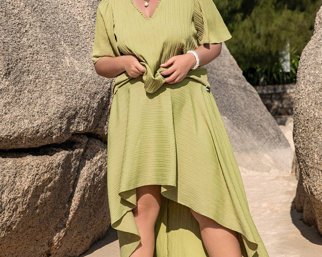 NYLD Plus Size V-Neck Half Sleeve Top and High-Low Skirt Set - NEWYORKLISTED