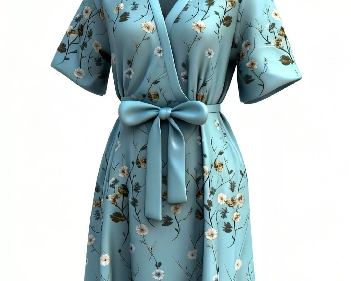 NEWYORKLISTED STYLE COLLECTION: Light blue floral-patterned dress with a belt on a white background