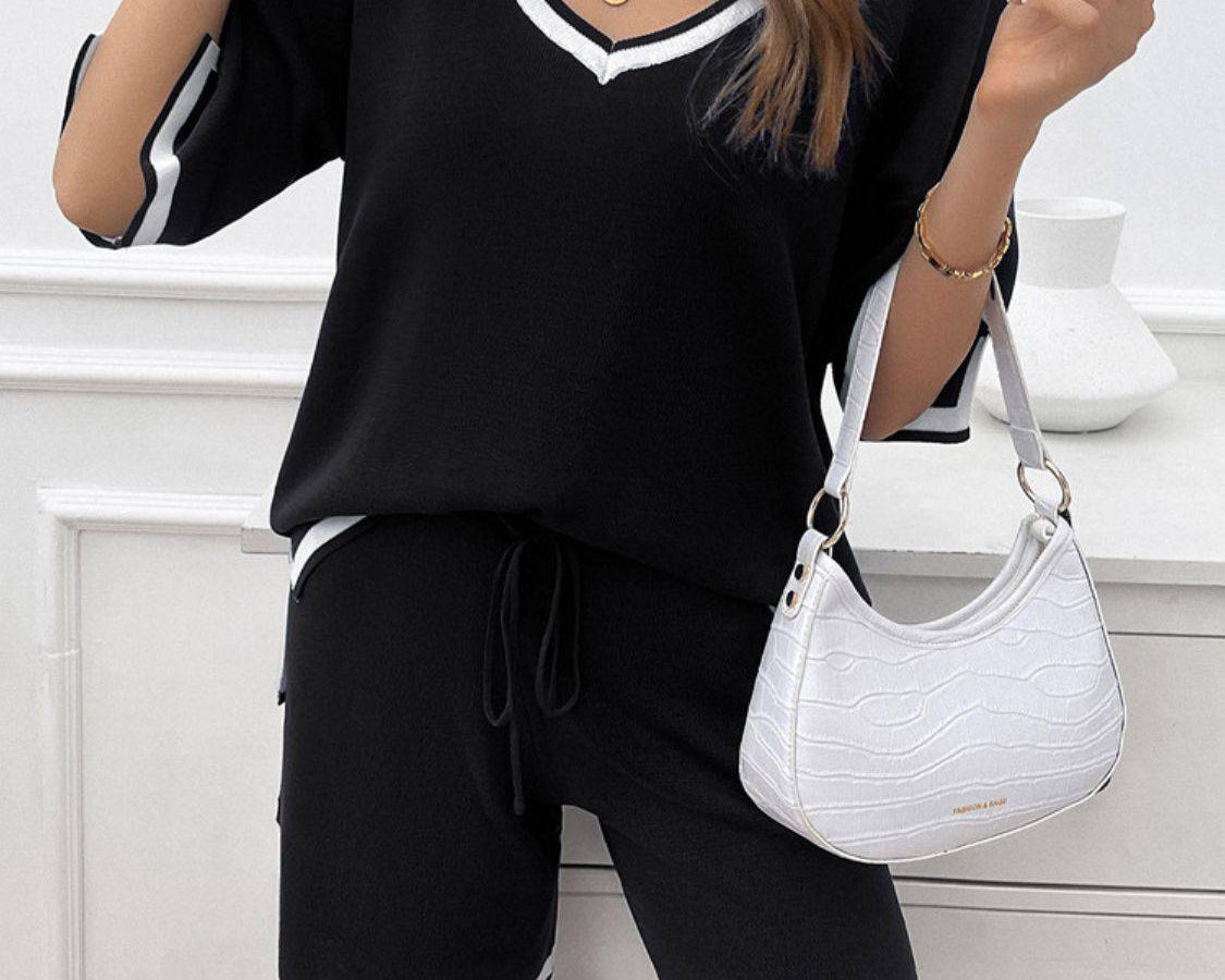 NYLD: Contrast Trim V-Neck Top and Shorts Set - NEWYORKLISTED