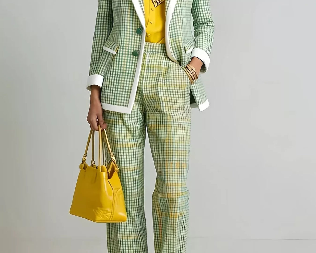 NEWYORKLISTED STYLE COLLECTION: A model wears a green and white checkered blazer and matching cropped trousers with white piping, styled with a yellow shirt, a yellow handbag, and yellow high-heeled sandals against a light gray studio background.