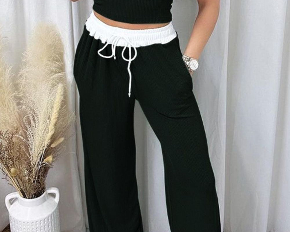 NYLD: Contrast Trim Round Neck Top and Pants Set - NEWYORKLISTED