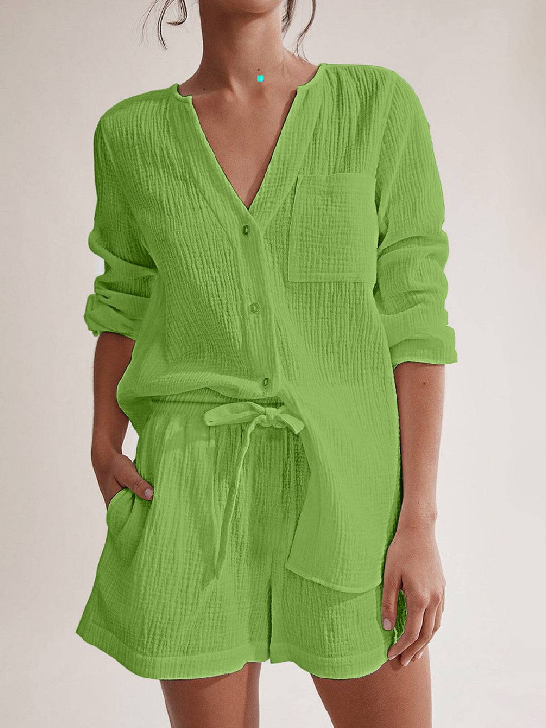 NYLD: Notched Long Sleeve Top and Shorts Set - NEWYORKLISTED