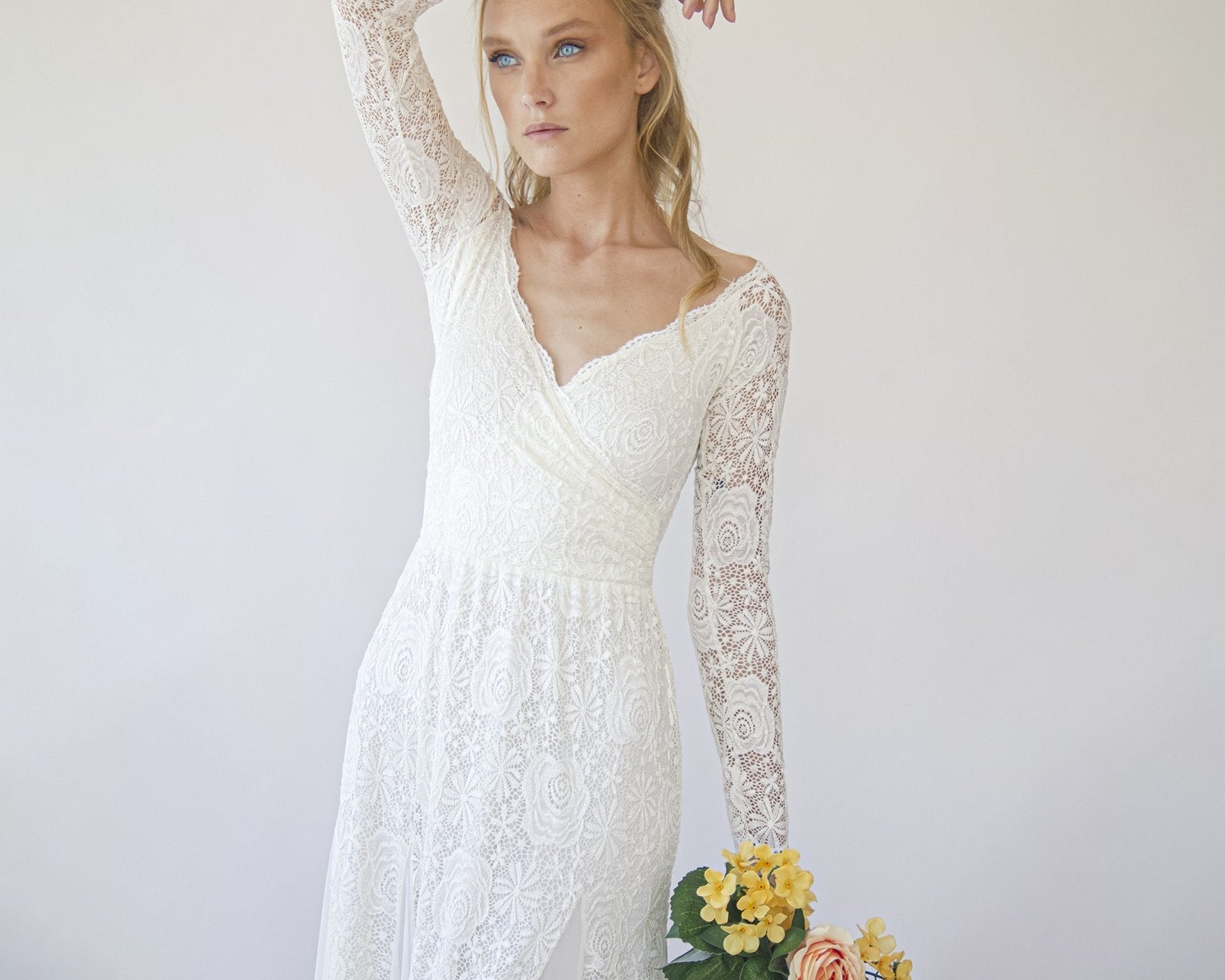 Ivory Off Shoulder Wrap Long Sleeves ,Mermaid Wedding Dress #1280 - NEWYORKLISTED