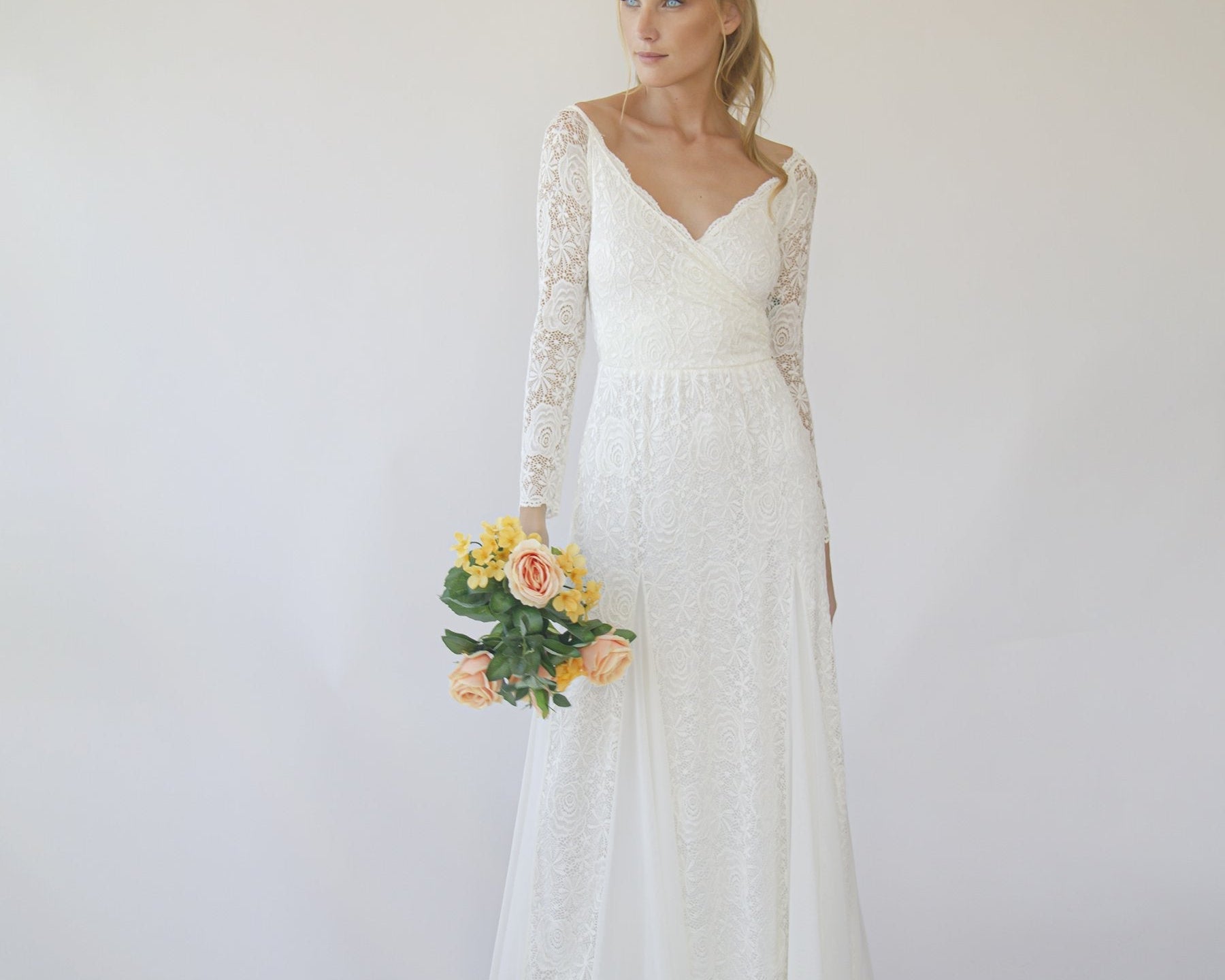 Ivory Off Shoulder Wrap Long Sleeves ,Mermaid Wedding Dress #1280 - NEWYORKLISTED