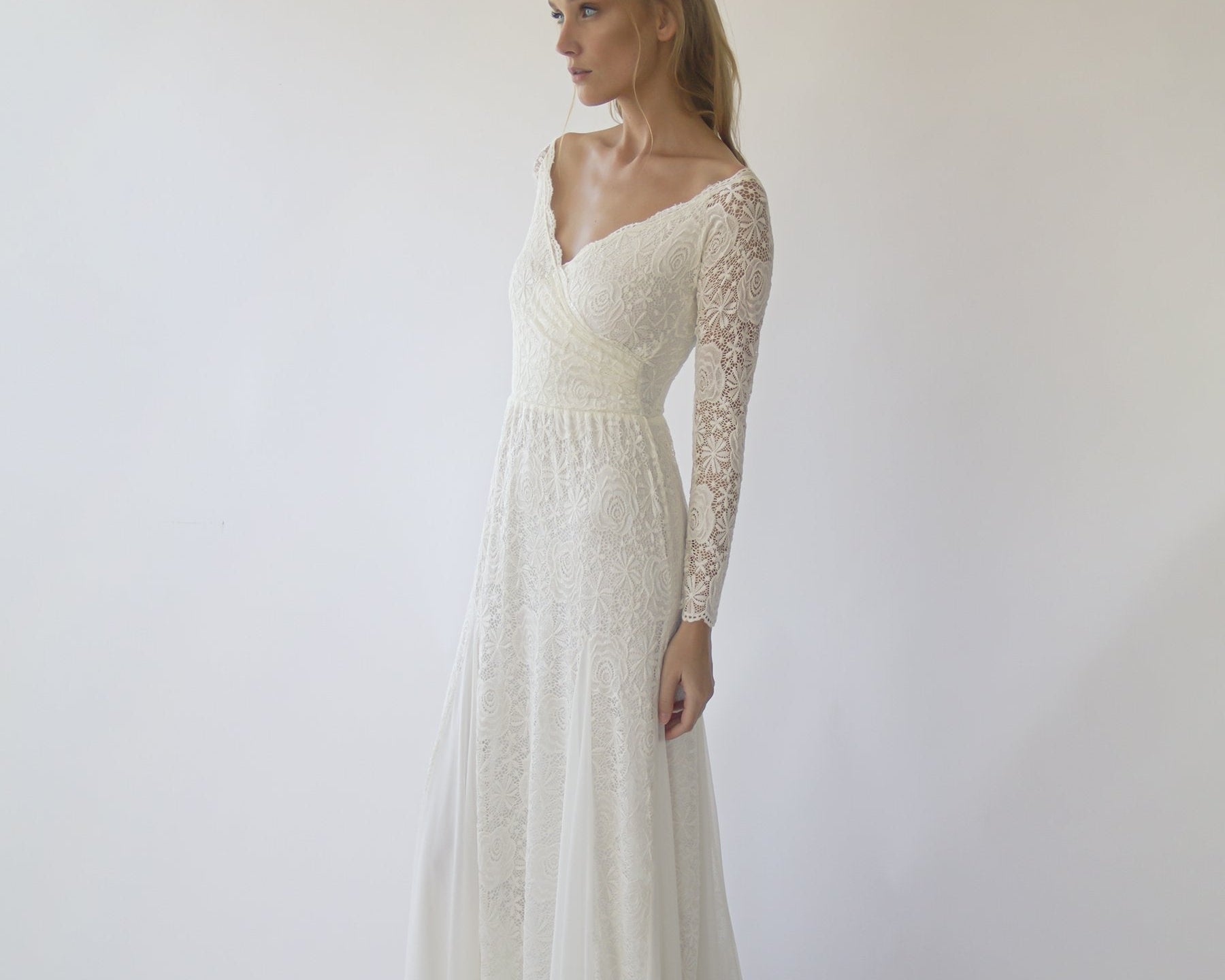 Ivory Off Shoulder Wrap Long Sleeves ,Mermaid Wedding Dress #1280 - NEWYORKLISTED