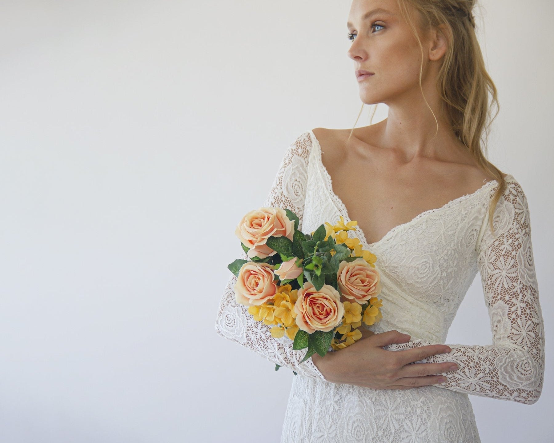 Ivory Off Shoulder Wrap Long Sleeves ,Mermaid Wedding Dress #1280 - NEWYORKLISTED