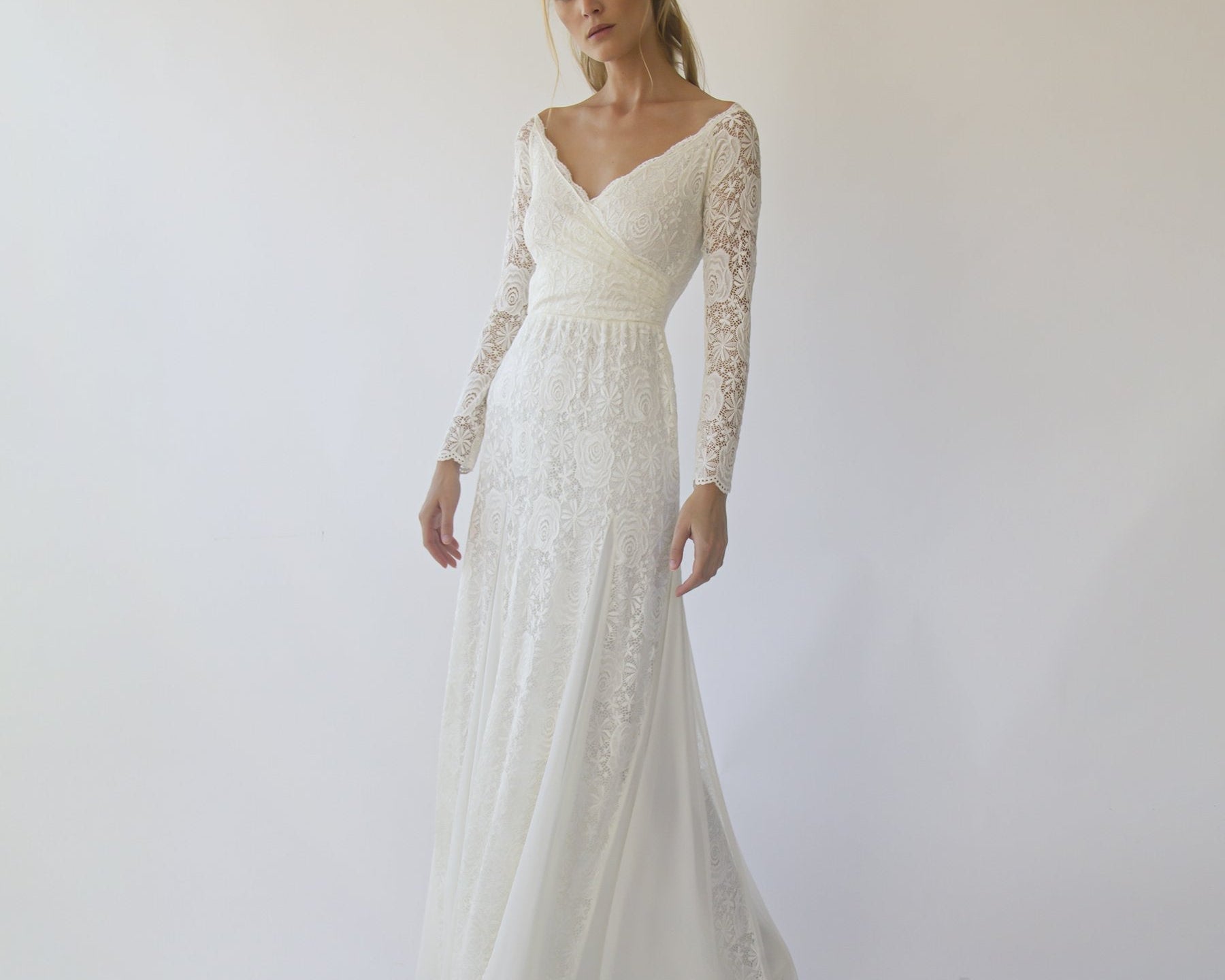 Ivory Off Shoulder Wrap Long Sleeves ,Mermaid Wedding Dress #1280 - NEWYORKLISTED