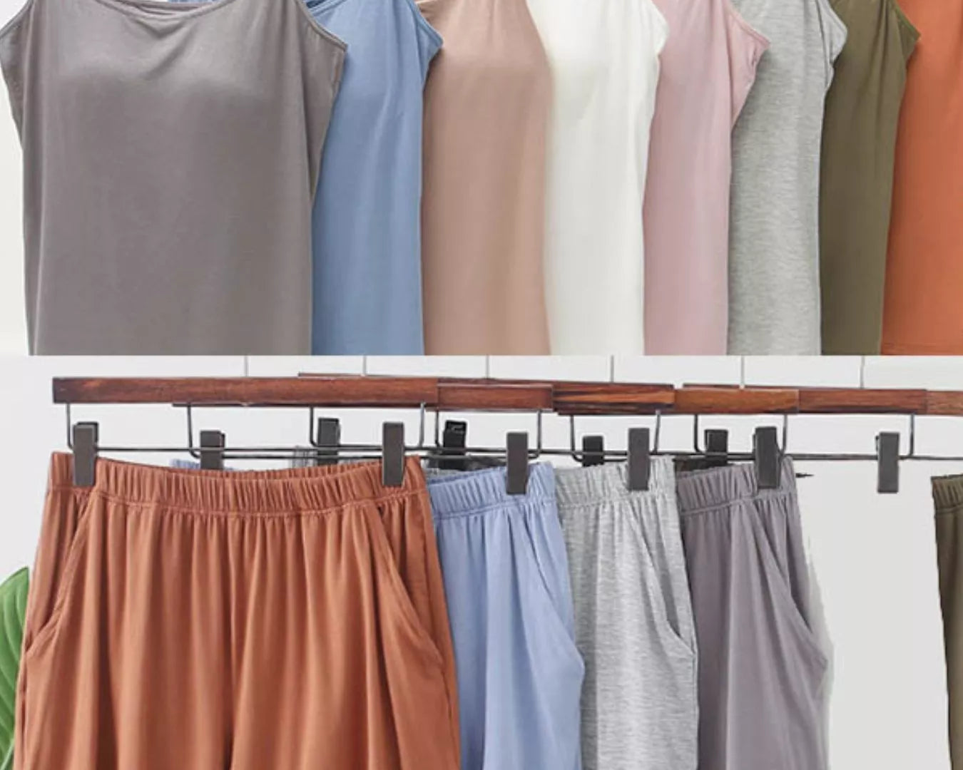 NEWYORKLISTED Intimate Apparel Collection: Collection of colorful tank tops and shorts on hangers against a white background