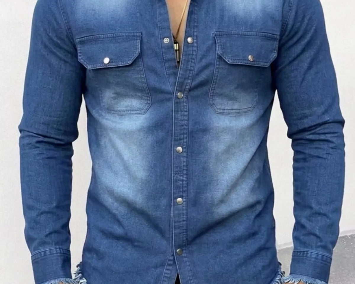 NEWYORKLISTED ATLAS MEN'S COLLECTION – Men's frayed-hem denim-look button-down shirt, product image 2