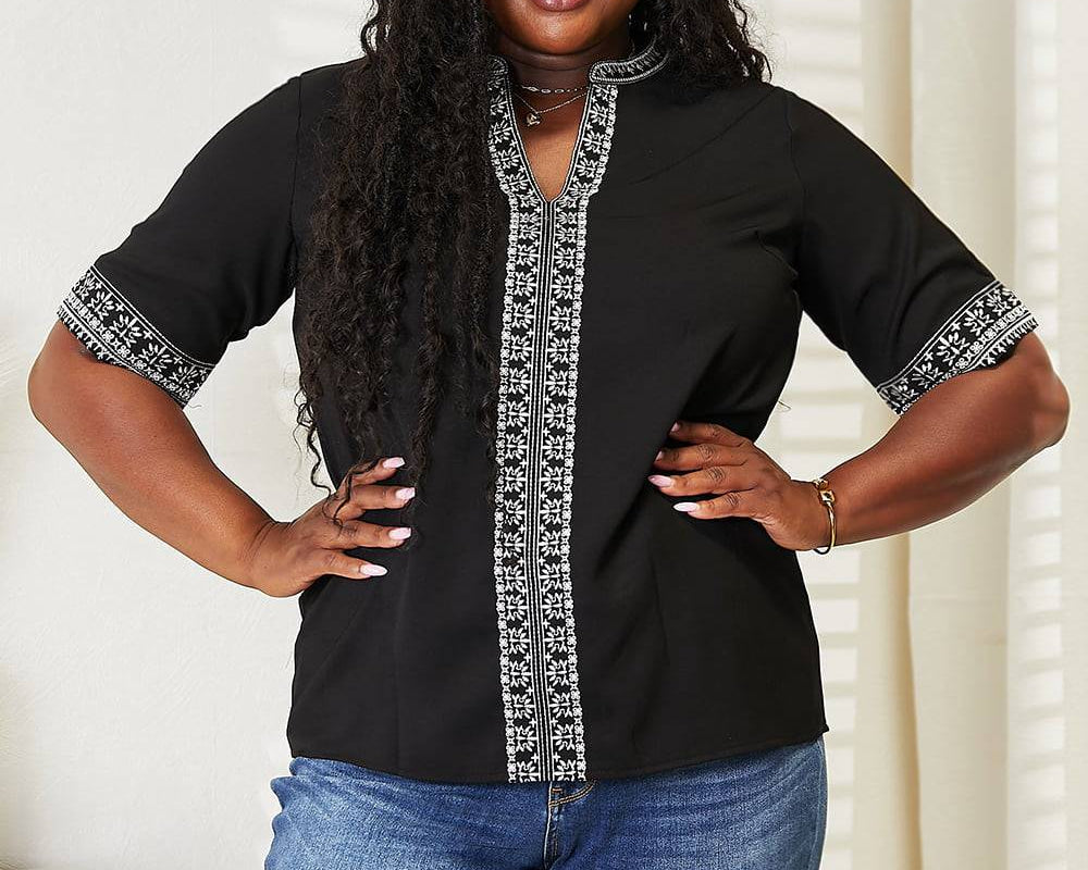 NEWYORKLISTED: Embroidered Notched Neck Top - NEWYORKLISTED