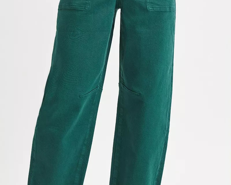 NEWYORKLISTED STYLE COLLECTION: RISEN High Rise Ankle Cuffed Barrel Pants, Green pants worn by a person on a white background