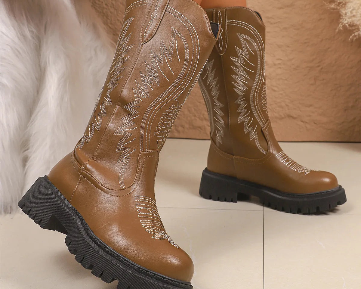 NEWYORKLISTED SHOE COLLECTION: Round Toe Block Heels Boots: Brown cowboy boots with detailed stitching on a neutral background