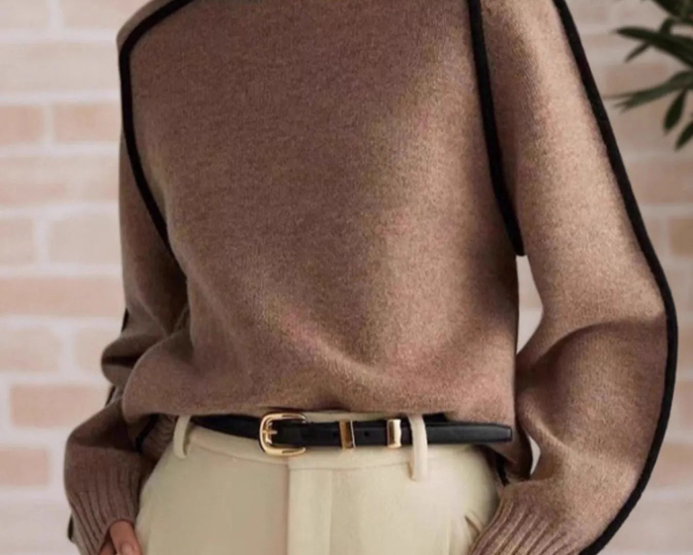 Person wearing a brown sweater with black trim against a light brick wall.