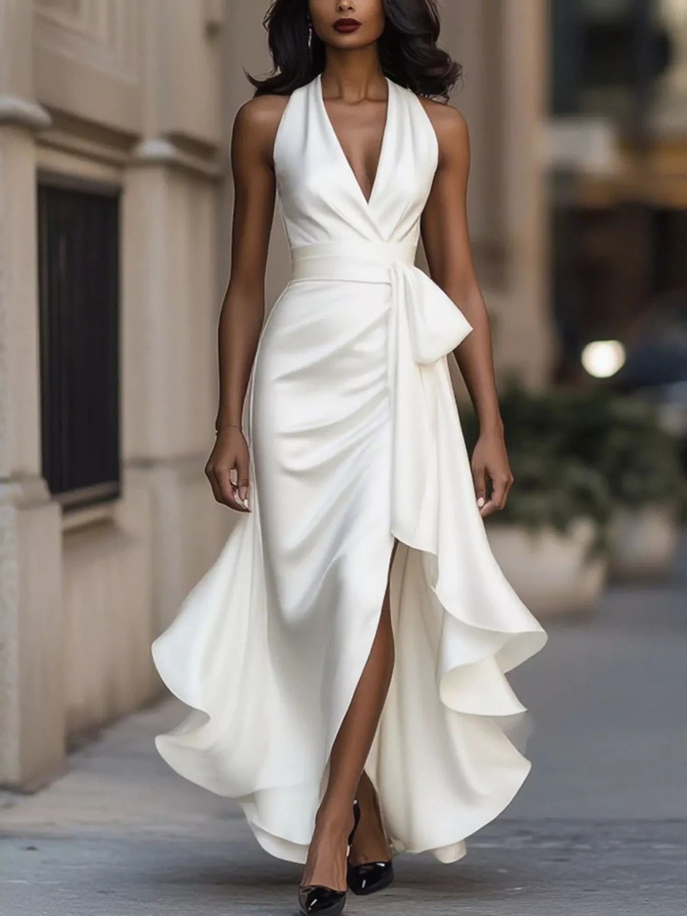NEWYORKLISTED STYLE COLLECTION: Woman wearing a white dress with a high slit on a city street.